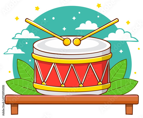 Vibrant Cartoon Drum with Sticks and Foliage Set Against Whimsical Starry Sky Background