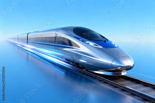 High-speed bullet train in motion on a clear day with blue sky background