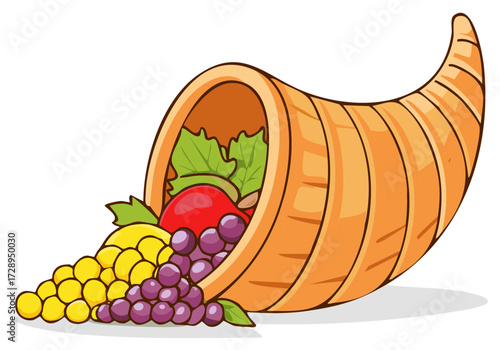 Horn of Plenty with Fruits, Autumnal Harvest, Cornucopia Vector Art