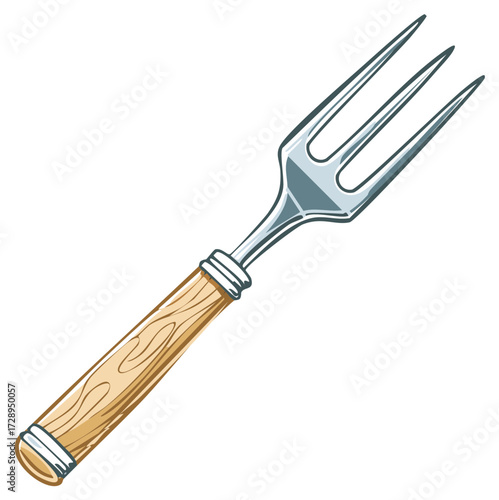 Illustration of a silver fork with wooden handle.