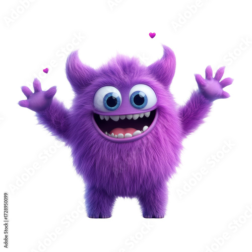 Friendly purple monster with horns and big smile on transparent background