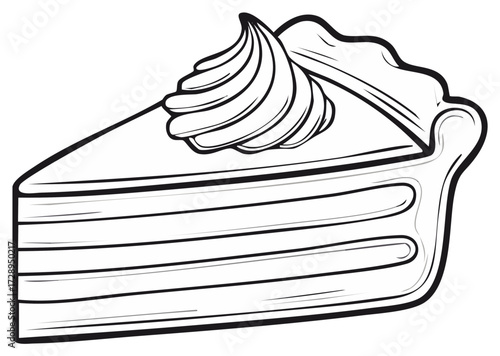 Slice of pie with whipped cream topping, line art style