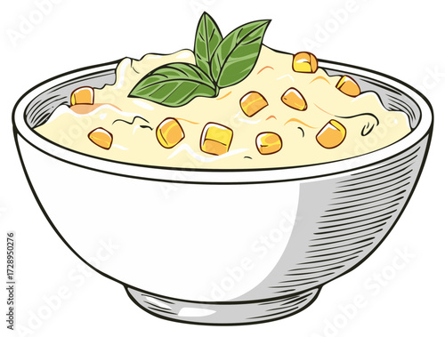 Delicious creamy corn soup or sweet corn porridge in a white bowl with fresh green herb garnish