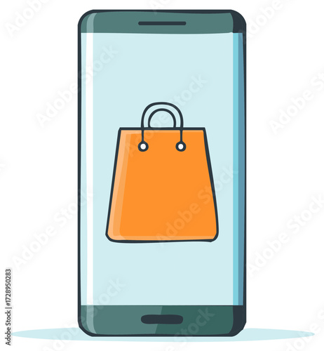 Vector illustration of a smartphone displaying an orange shopping bag, symbolizing mobile online shopping and digital retail.