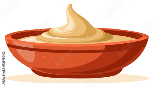 Creamy food dish in a brown ceramic bowl illustration, delicious whipped cream concept