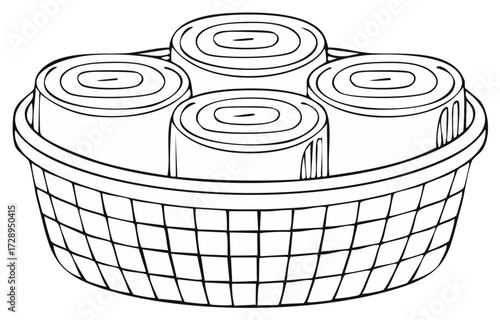 Black and white line drawing of a woven basket holding four rolled towels or blankets