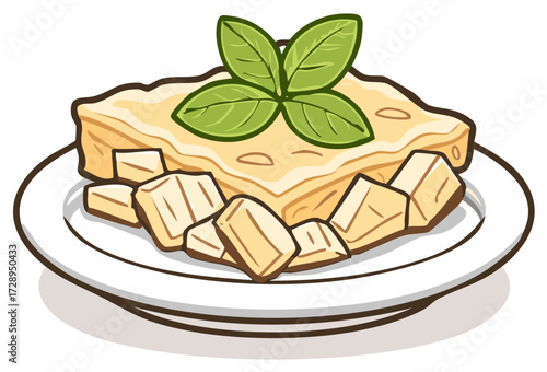 Cartoon Lasagna with Creamy Cheese Sauce and Fresh Basil on a Plate