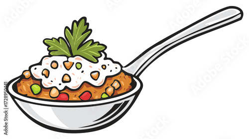 Cartoon illustration of a spoon filled with food and garnished with herbs