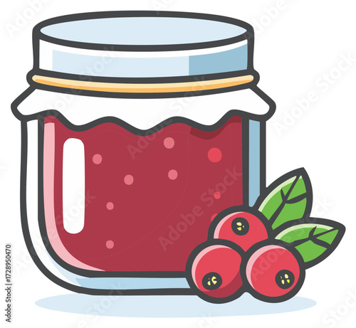 Homemade Cranberry Jam in Jar with Berries and Leaves Illustration