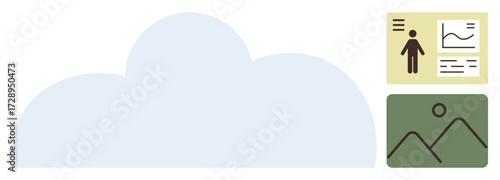 Cloud with user analytics and photo data interfaces, representing data storage, digital technology, and online access. Ideal for technology, data management, cloud computing, analytics, file sharing