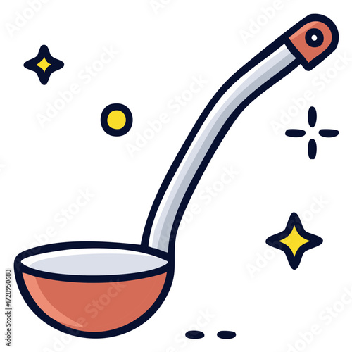 Stylized soup ladle with sparkling accents and a single yellow dot