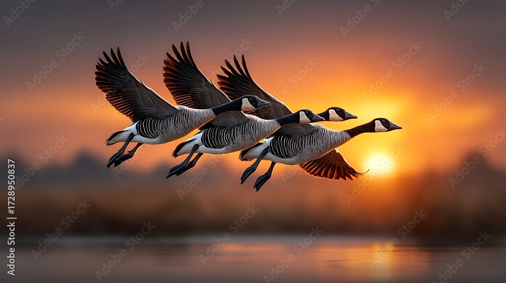 Fototapeta premium A flock of geese flying in perfect V-formation across a vivid orange sky, the sun setting behind them casting a warm glow over the horizon.