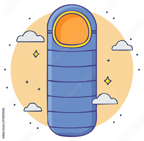 Cozy Blue Sleeping Bag with Stars and Clouds Illustration Icon