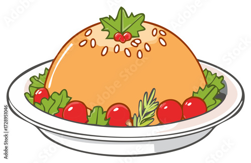 Festive pudding on a plate with holly and berries garnish, holiday season food vector illustration