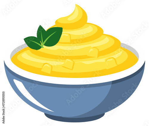 Creamy yellow dessert vector illustration in blue bowl with mint leaves and diced topping graphic element