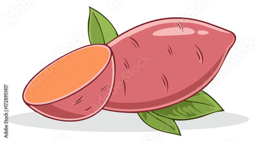 Cartoon illustration of fresh sweet potatoes with leaves, isolated.
