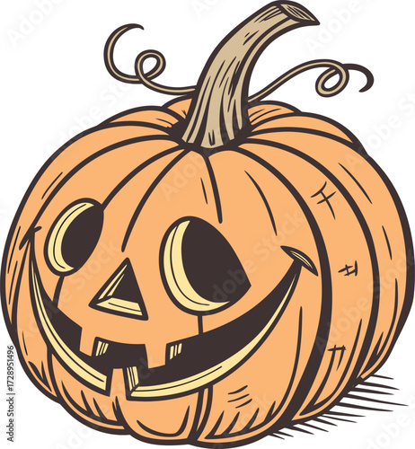 Orange Jackolantern with Happy Face and Swirling Stem