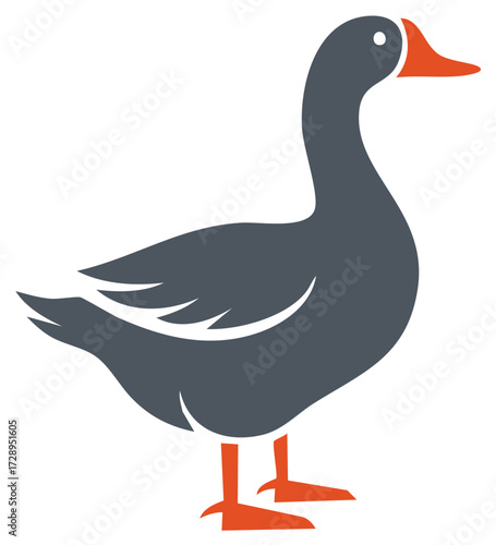 Stylized illustration of a goose in gray with orange beak and feet