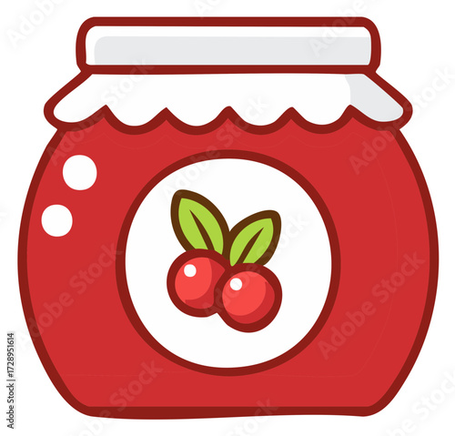Cartoon illustration of a jam jar with fruit and leaves, food concept