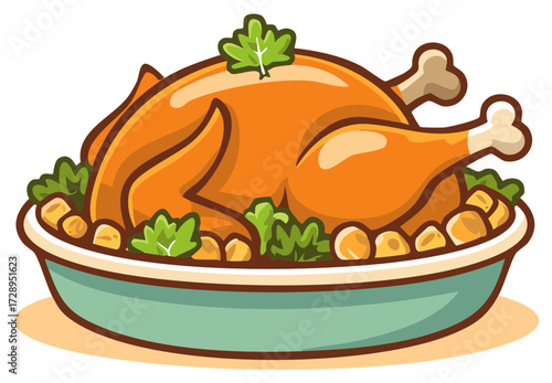 Cartoon roasted chicken centerpiece with green garnish and potatoes in a serving dish