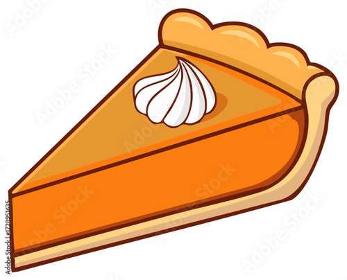 Illustration of a slice of pumpkin pie with whipped cream topping, isolated.