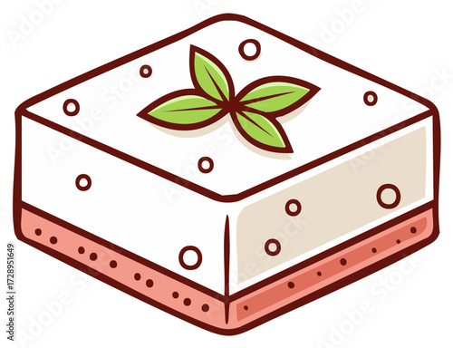 Stylized Square Cake with White Frosting and Green Garnish