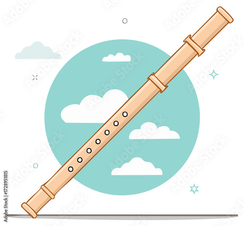 Cartoon illustration of a recorder instrument against a background of clouds and a sky