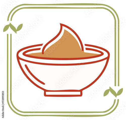 Stylized bowl with creamy brown dip or spread food design inside a decorative green leaf frame illustration