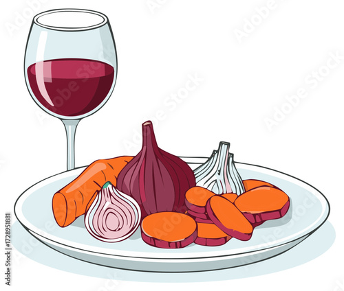 Red Wine with Carrots Onions and Garlic on Plate Food Illustration