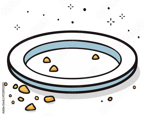 Cartoon illustration of a sparkling clean empty plate with leftover crumbs after finishing a meal