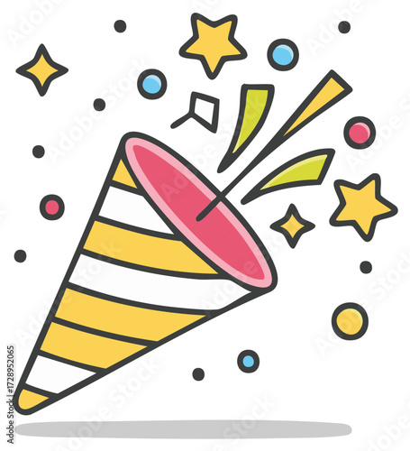 Party Pooper Icon with Stars and Confetti Celebration Element Vector Illustration