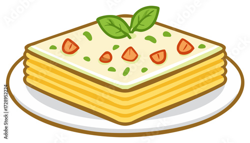Cartoon illustration of lasagna, decorated with basil leaves and strawberry slices on a plate