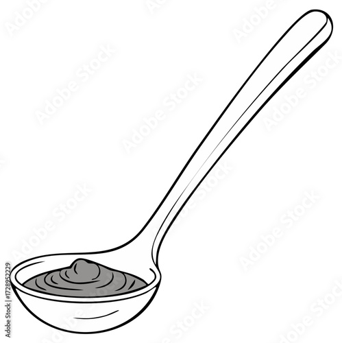 A simple line drawing of a soup ladle filled with a creamy substance