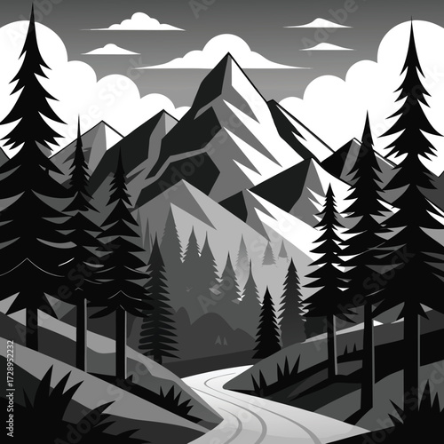 Abstract geometric alpine forest landscape with minimalist mountains and trees in black and white