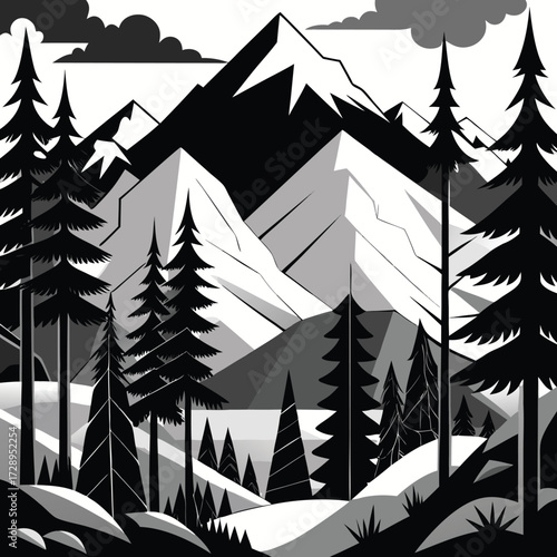 Abstract black and white alpine forest landscape with geometric mountain shapes and pine trees