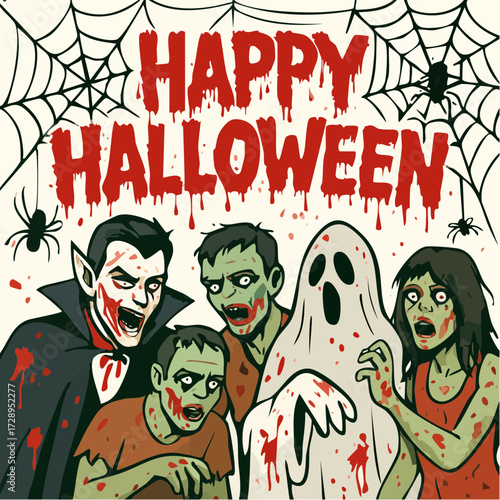 Horror party vector with Dracula, zombies, and a bloody ghost under a spiderweb, perfect for Halloween costume party invitations and posters.