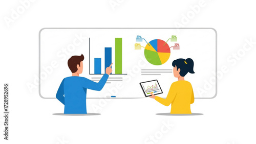 male and female characters analyzing bar charts and pie graphs on a whiteboard