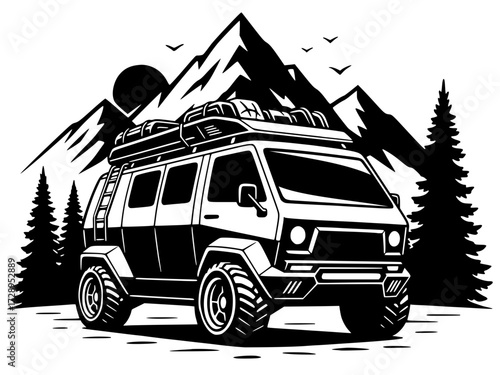 Off-road camper van with mountains and pine trees, adventure, overland, camping, travel, outdoor