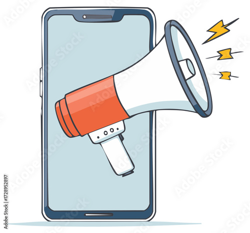 Mobile Phone Broadcasting Announcement With Loudspeaker and Sound Waves