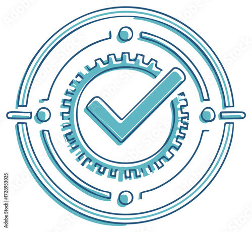 Circle outline with gear teeth and check mark inside, symbolizing approval or success