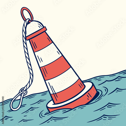 Bright striped buoy bobs gently on wavy blue ocean water, a classic maritime symbol of guidance and safety at sea.