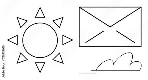 Sun with triangular rays, envelope with sharp lines, and curved cloud accentuate connection, clarity, optimism, nature, and simplicity. Ideal for branding, messaging eco-awareness positivity