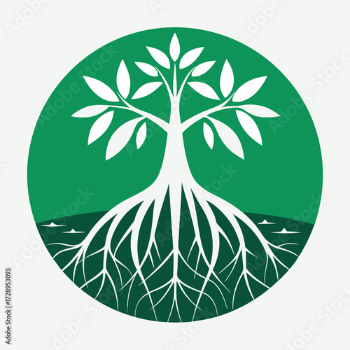Minimalist silhouette of mangrove trees with intricate root systems showcasing coastal wetland ecosystems