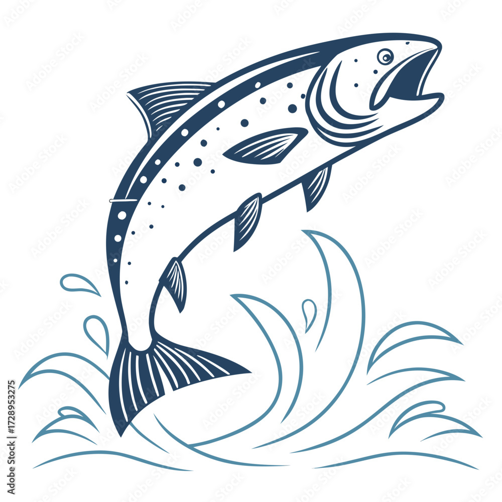 Fototapeta premium Dynamic salmon leaps from water with energetic splashes, capturing the thrill of angling and nature's wild beauty.