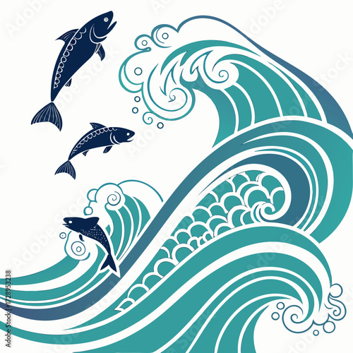 Dynamic ocean waves with leaping fish create a vibrant aquatic scene, perfect for any nature or marine-themed project.
