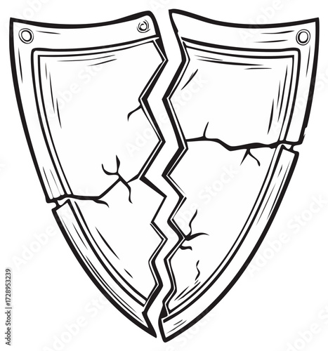 Line Art Depiction of Cracked Heraldic Shield Representing Brokenness and Failure