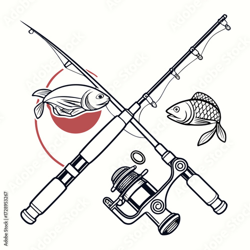 Dynamic fishing rods crossed with reel and leaping fish capture the thrill of outdoor adventure and angling success