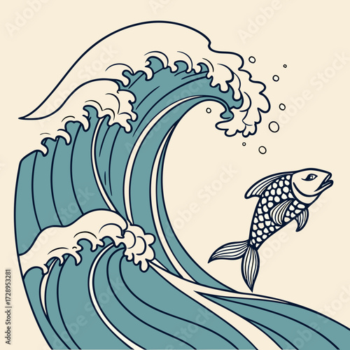 Dynamic wave crests with leaping fish evoke strength and freedom, perfect for adventure and nature themes