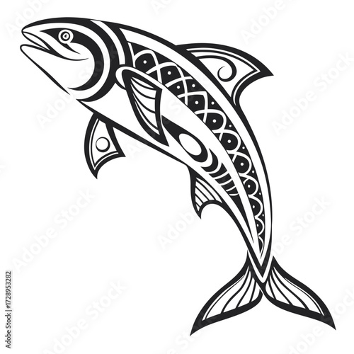 Dynamic tribal salmon leaping gracefully with intricate patterns, symbolizing strength, journey, and nature's artistry in a bold black and white design
