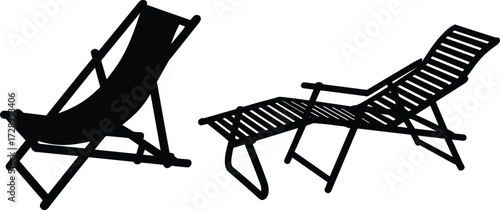 Beach chair silhouette, lounge recliner vector design, summer outdoor furniture illustration, relaxation seat artwork, CAD drawing flat vector illustration